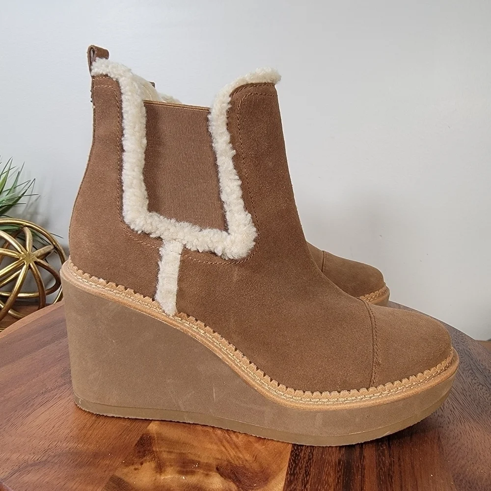 Sam Edelman Reagan Brown Suede Wedge Ankle Boots With Sherpa Trim Size 10